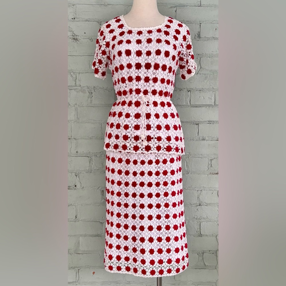 Vintage Crochet Red White Polka Dot Top and Skirt Set